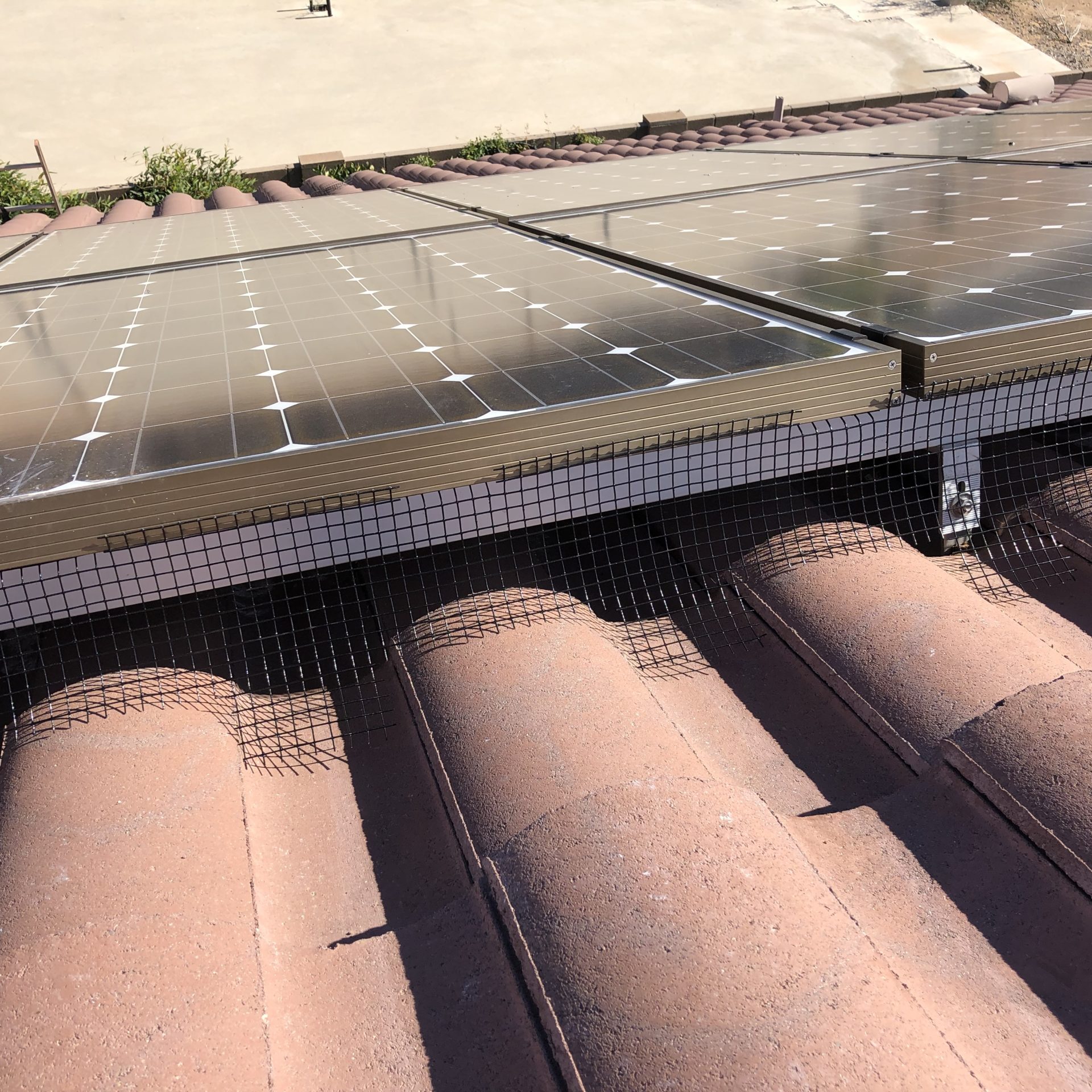 A close up of the pigeon proofing and bird proofing of solar panels on an s-tile rooftop